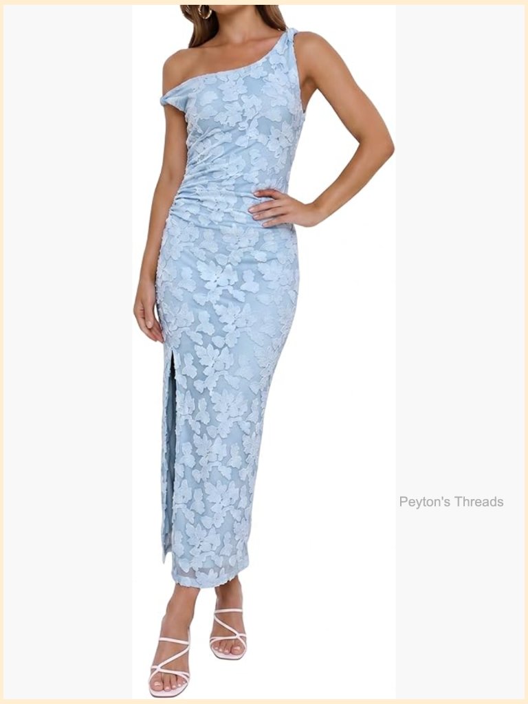Women's Floral One Shoulder Midi Bodycon Dress Ruched Slim Fit Party